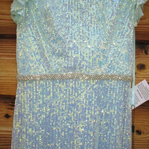 Mac Duggal 26942  Womens SEQUINED HIGH NECK FLUTTER SLEEVE GOWN Dress Blue - Picture 9 of 16